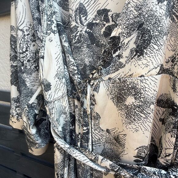 Bucketlist Toile Floral Wrap Midi Dress with Tie Waist in Black & Ivory | Large - Picture 6 of 8